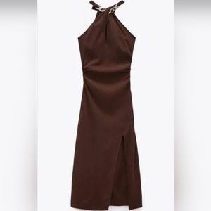 ZARA BROWN LINEN BLEND HALTER NECK MIDI GATHERED DRESS WITH CHAIN SIZE M